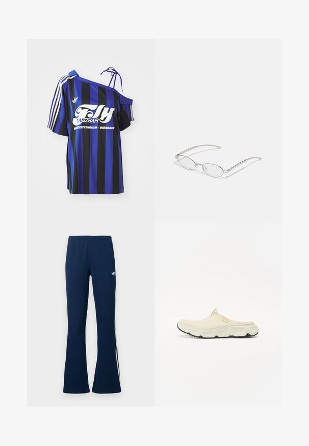 Modrá a černá pruhovaná oversized košile s jedním ramínkem, která má bíle potištěný text a tři bílé pruhy na rukávu.; Námořnicky modré žebrované rozšířené sportovní kalhoty s bílými pruhy na bocích a vyšívaným logem na levé straně, s dvěma bočními kapsami.; Krémová síťovinová slip-on obuv s tlustou bílou podrážkou a černou texturovanou spodní částí. Má poutko na patě pro snadné obouvání.; Oválné brýle s metalickým stříbrným rámem, čirými skly a texturovanými korálkovými akcenty na spáncích. Lehce provedení s zakřivenými nohama.