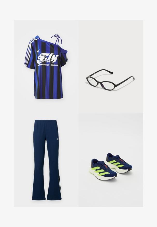 Blå og svart stripete oversized skjorte med én av skulderen-design, med hvit trykt tekst og tre hvite striper på ermet.; Marineblå ribbestrikkede vide treningsbukser med hvite side-striper og en brodert logo på venstre side, med to sidelommer.; Mørkeblå joggesko med neongrønne striper, teksturert overdel, polstret hvit såle, snørebånd-design, og rød aksent på tungen.; Sorte briller med oval ramme og gjennomskinnelige lilla aksenter på linsene. Rammene har en matt finish og slanke, rette stenger.