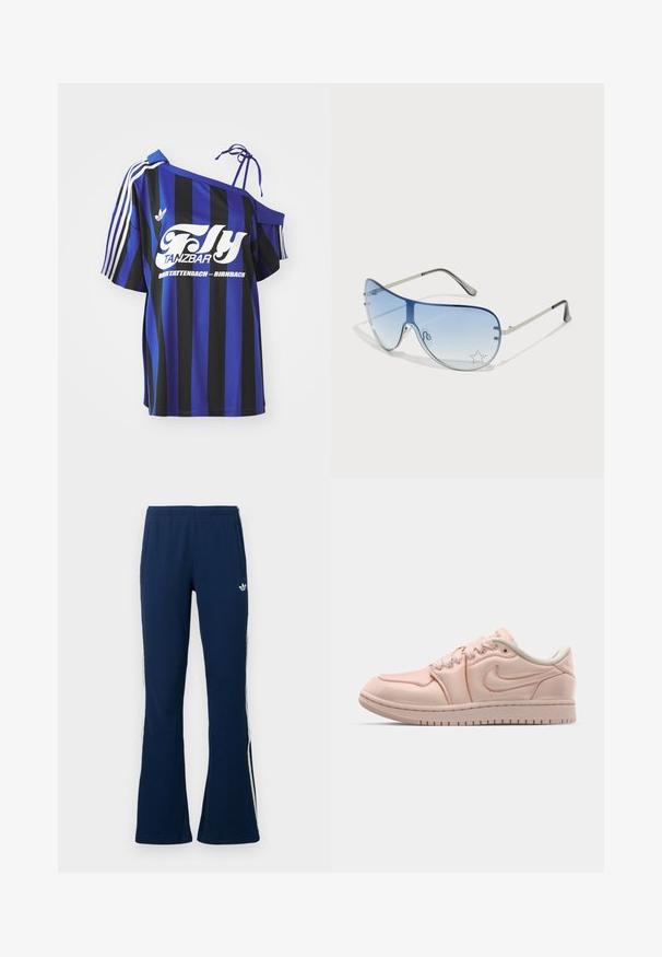 Blue and black striped oversized shirt with one off-shoulder design, featuring white printed text and three white stripes on the sleeve.; Navy blue ribbed flared track pants with white side stripes and an embroidered logo on the left side, featuring two side pockets.; Nike sneakers in soft pink material with a smooth texture. Classic low-top design, featuring white accents and a rubber sole pattern.; Aviator sunglasses featuring a gradient blue lens, silver metal frame, and decorative star accents on the lens. Smooth and sleek design.