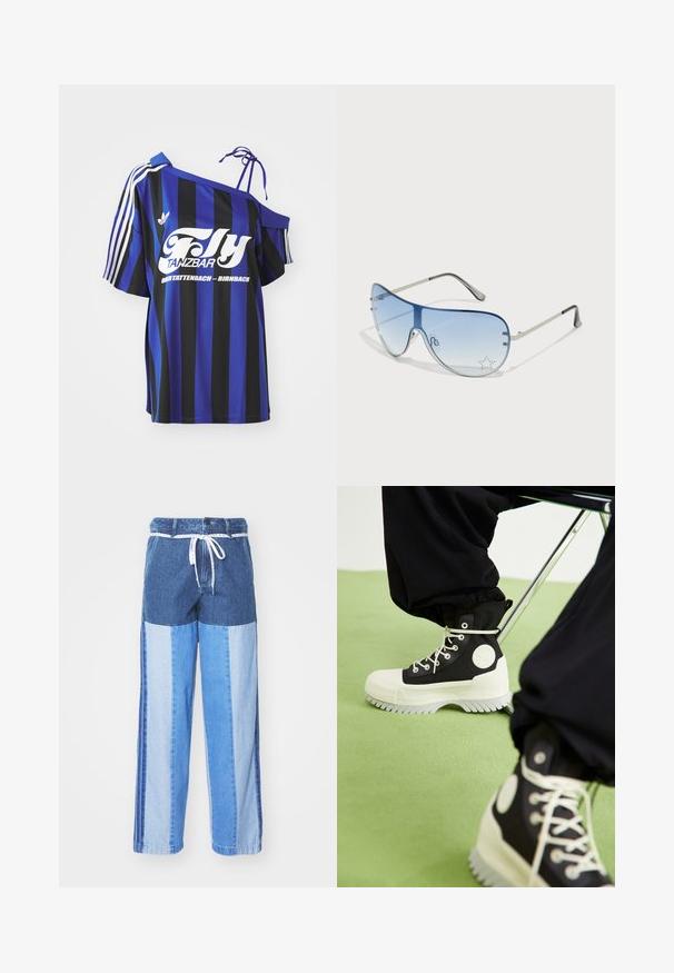 Mėlynos ir juodos juostelės per didelis marškinis su viena peties iškirpte, ant kurios yra baltas užrašas ir trys baltos juostelės ant rankovės.; Mėlyni džinsiniai aptiniai su įvairių atspalvių mėlyno audinio intarpais, su tamprių juosmeniu ir laisvais, tiesiais kirpimais.; Converse CHUCK TAYLOR ALL STAR LUGGED 2.0 PLATFORM COUNTER CLIMATE EXTRA HIGH - Suvarstomi aulinukai - black/egret; Aviatoriai akiniai su gradientiniais mėlynais objektyvais, sidabriniu metaliniu rėmu ir dekoratyvinėmis žvaigždžių akcentais ant objektyvų. Lygaus ir stilingo dizaino.