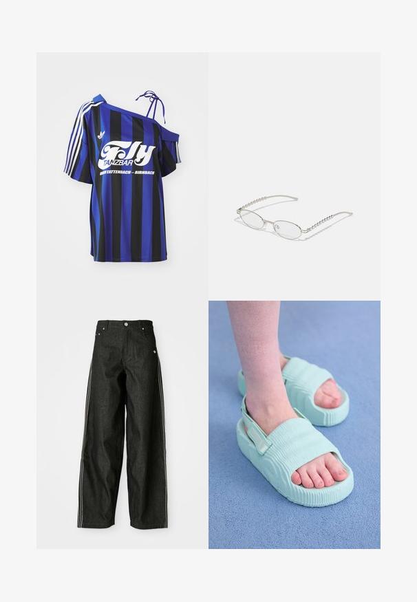 Zila un melna svītrota pārāk liela krekla ar vienu plecu atklāšanu, ar baltu drukātu tekstu un trim baltām svītrām uz piedurknes.; Melnas džinsa bikses ar platām kājām un baltām sānu svītrām, ar priekšējiem kabatām, pogājamu priekšpusi un diskretu logotipu netālu no jostasvietas.; Gaiši zili sandales ar rievojumu tekstūru, atvērtu purngalu, regulējamu siksnu un biezu zoli, kas izskatās no gludas, elastīgas materiāla.; Ovālas brilles ar metāliski sudraba rāmi, caurspīdīgām lēcām un teksturētām pērlīšu akcentiem uz tempļiem. Viegls dizains ar izliektiem kājiņām.