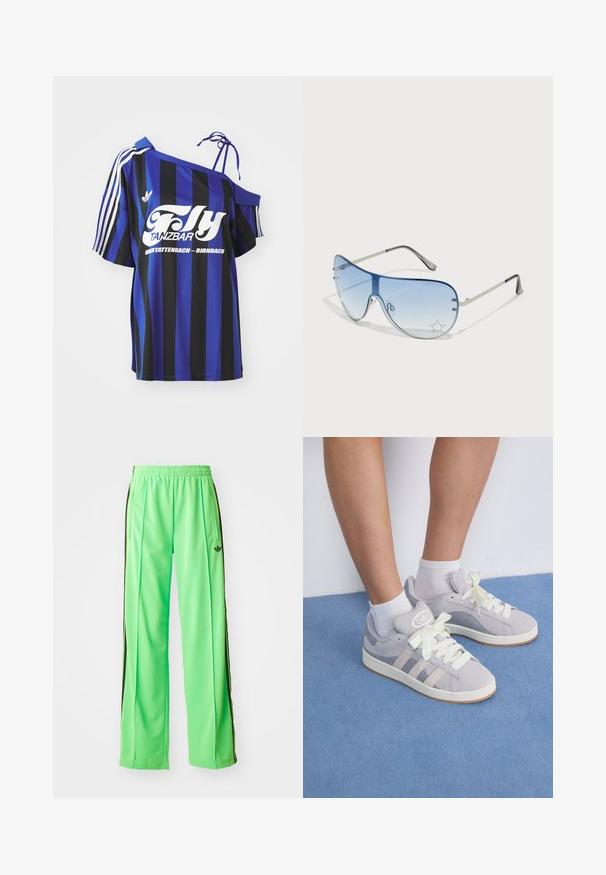 Kék és fekete csíkos, oversized ing, egy vállról lelógó dizájnnal, fehér nyomtatott szöveggel és három fehér csíkkal az ujján.; Zöld sportnadrág sima, könnyű anyagból, fekete oldalsávokkal és hímzett logóval az elején.; Szürke velúr sportcipők fehér fűzővel és gumi talppal, az oldalán három ferde csíkkal és a nyelvén logo folttal.; Pilóta napszemüveg, melynek áttetsző kék lencséje, ezüst fém kerete és díszes csillag díszítések találhatók a lencsén. Simogató és elegáns dizájn.