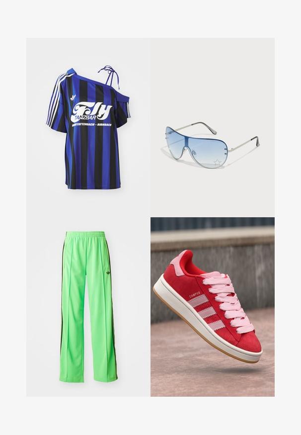 Blauw- en zwartgestreept oversized shirt met één schouderontwerp, voorzien van witte bedrukte tekst en drie witte strepen op de mouw.; Groene sportbroek gemaakt van glad, lichtgewicht materiaal, met zwarte zijstroken en een geborduurd logo aan de voorkant.; Rode nubuck sneakers met roze accenten, voorzien van drie witte strepen en lichtroze veters. Witte tussenzool en gumrubberen buitenzool.; Aviator zonnebril met een gradient blauwe lens, zilveren metalen frame en decoratieve sterrenaccenten op de lens. Glad en strak ontwerp.