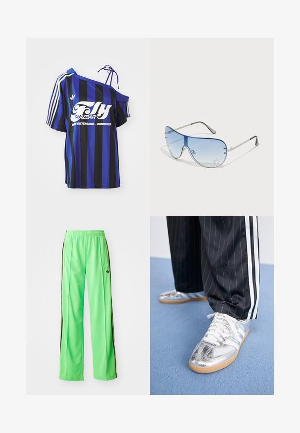 Modrá a čierna pruhovaná oversized košeľa s jedným ramienkom, ktorá má biele potlačené písmo a tri biele pruhy na rukáve.; Zelené športové nohavice z hladkého, ľahkého materiálu, s čiernymi bočnými pruhmi a vyšitým logom na prednej strane.; Metalické strieborné tenisky s bielymi šnúrkami a tromi bielymi pruhmi, v kombinácii s čiernymi pruhovanými nohavicami. Na spodnej strane je gumová podrážka.; Pilotné slnečné okuliare s prechodovým modrým sklom, strieborným kovovým rámom a ozdobnými hviezdičkovými akcentmi na sklách. Hladký a elegantný dizajn.