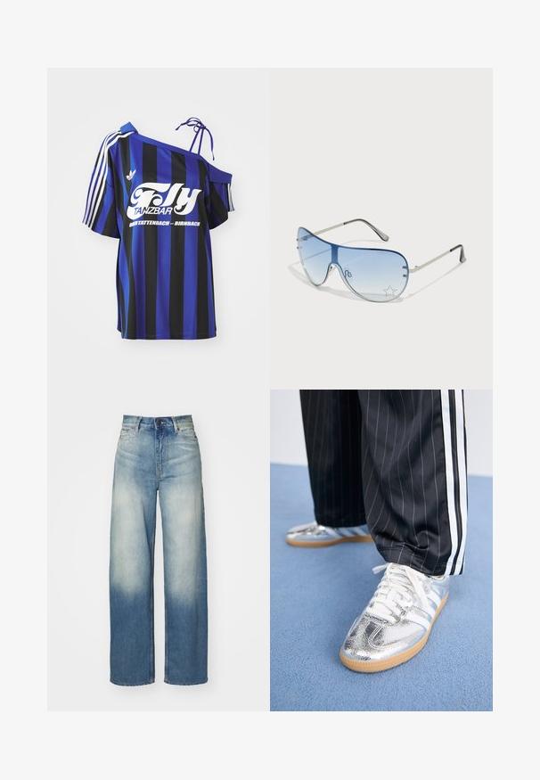 Blue and black striped oversized shirt with one off-shoulder design, featuring white printed text and three white stripes on the sleeve.; Light blue wide-leg jeans with a high waist, made from denim, featuring a faded gradient, five pockets, and metal hardware accents.; Metallic silver sneakers with white laces and three white stripes, paired with black pinstriped pants. Gum sole accent at the bottom.; Aviator sunglasses featuring a gradient blue lens, silver metal frame, and decorative star accents on the lens. Smooth and sleek design.; Silver-colored earrings set: two oval studs and two crescent-shaped hoops, featuring a glossy, smooth finish and a rounded design.
