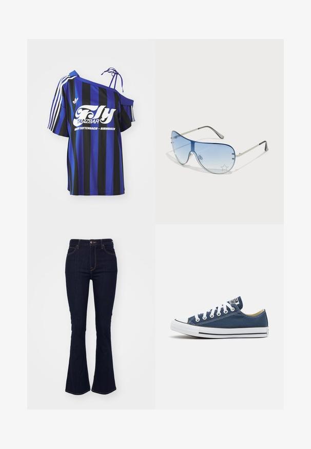 Blue and black striped oversized shirt with one off-shoulder design, featuring white printed text and three white stripes on the sleeve.; Dark blue, flared jeans made of denim, featuring a high waist, five-pocket design, and contrasting orange stitching along the seams.; Canvas sneaker in navy blue with white eyelets and laces, featuring a white rubber toe cap and a black stripe along the sole.; Aviator sunglasses featuring a gradient blue lens, silver metal frame, and decorative star accents on the lens. Smooth and sleek design.