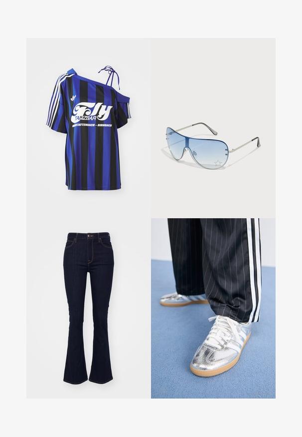 Blue and black striped oversized shirt with one off-shoulder design, featuring white printed text and three white stripes on the sleeve.; Dark blue, flared jeans made of denim, featuring a high waist, five-pocket design, and contrasting orange stitching along the seams.; Metallic silver sneakers with white laces and three white stripes, paired with black pinstriped pants. Gum sole accent at the bottom.; Aviator sunglasses featuring a gradient blue lens, silver metal frame, and decorative star accents on the lens. Smooth and sleek design.