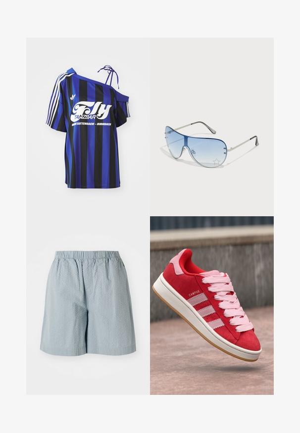 Gestreiftes, übergroßes Hemd in Blau und Schwarz mit einem schulterfreien Design, ausgestattet mit einem weißen Aufdruck und drei weißen Streifen am Ärmel.; Helle blaue, strukturierte Shorts mit einem elastischen Taillenbund, die eine lockere Passform haben und keine sichtbaren Taschen oder Metallteile aufweisen.; Rote Wildleder-Sneaker mit pinken Akzenten, ausgestattet mit drei weißen Streifen und hellrosa Schnürsenkeln. Weiße Zwischensohle und braune Gummi-Außensohle.; Flugzeugbrille mit einem verlaufenden blauen Glase, silbernem Metallrahmen und dekorativen Sternelementen auf dem Glas. Glattes und elegantes Design.