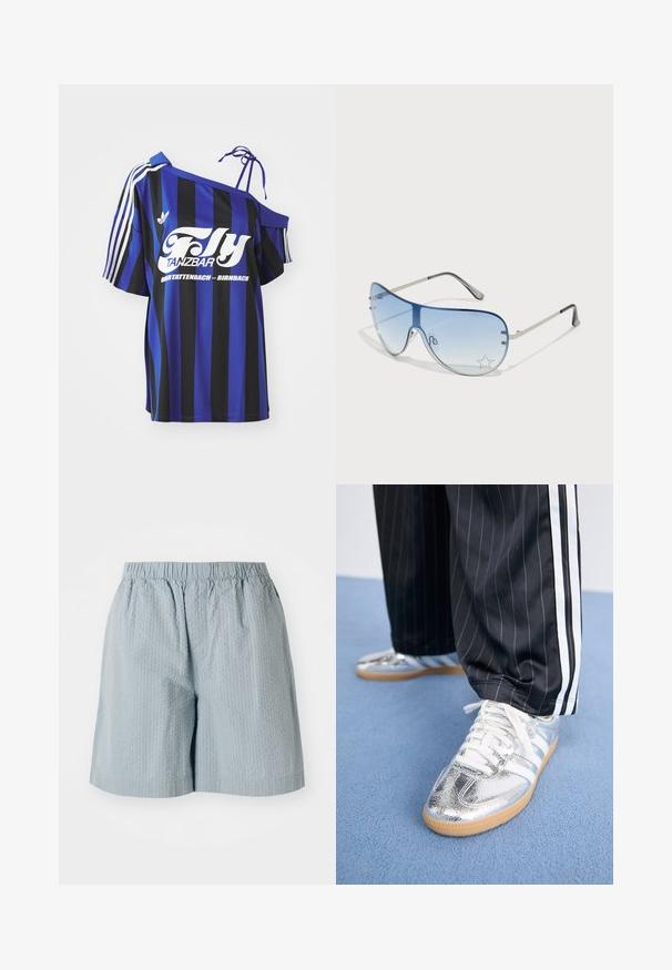 Blue and black striped oversized shirt with one off-shoulder design, featuring white printed text and three white stripes on the sleeve.; Light blue, textured shorts with an elastic waistband, featuring a relaxed fit and no visible pockets or hardware.; Metallic silver sneakers with white laces and three white stripes, paired with black pinstriped pants. Gum sole accent at the bottom.; Aviator sunglasses featuring a gradient blue lens, silver metal frame, and decorative star accents on the lens. Smooth and sleek design.; Silver-colored earrings set: two oval studs and two crescent-shaped hoops, featuring a glossy, smooth finish and a rounded design.
