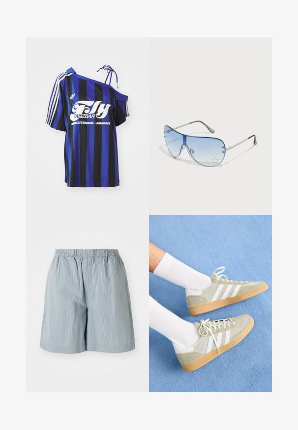 Plava i crna prugasta oversized košulja s jednim otvorenim ramenom, koja sadrži bijeli otisak teksta i tri bijele pruge na rukavu.; Svijetloplavi teksturirani šortsi s elastičnom waistband, koji imaju opuštenu kroj i nemaju vidljive džepove ili metalne dijelove.; Svijetlosivi nubuk tenisice s bijelim gumenim detaljima, sa tri bijele pruge i gumenim potplatom, nošene s bijelim čarapama na plavoj pozadini.; Naočale tipa avijatičar s gradijentnim plavim staklima, okvirom od srebrnog metala i dekorativnim zvjezdastim naglascima na staklima. Glatki i elegantni dizajn.
