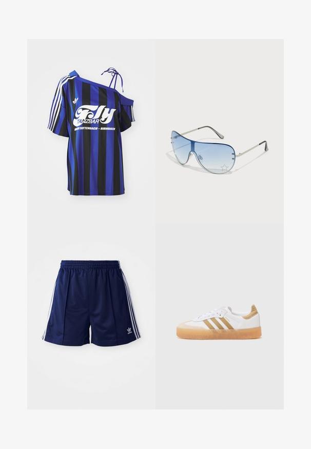 Kék és fekete csíkos, oversized ing, egy vállról lelógó dizájnnal, fehér nyomtatott szöveggel és három fehér csíkkal az ujján.; Tengerészeti edzőnadrág könnyű anyagból, fehér oldalsávokkal és hímzett logóval az alsó bal oldalon. Rugalmas derékpánt.; Fehér sneaker bézs akcentusokkal, három csíkkal, lekerekített orral és átlátszó gumitalppal. Simas bőr és textil anyagok.; Pilóta napszemüveg, melynek áttetsző kék lencséje, ezüst fém kerete és díszes csillag díszítések találhatók a lencsén. Simogató és elegáns dizájn.