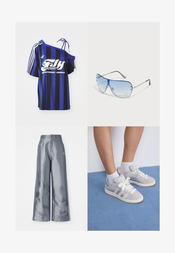 Camisa de gran tamaño a rayas azul y negra con un diseño de un solo hombro, que presenta texto impreso en blanco y tres rayas blancas en la manga.; Pantalones de pierna ancha en material gris brillante, con rayas laterales blancas y un patrón de llamas en la parte inferior de las piernas. Cierre con botón y cremallera en la cintura.; Zapatillas de ante gris con cordones blancos y suela de goma, que cuentan con tres rayas diagonales en el costado y un parche con el logotipo en la lengüeta.; Gafas de sol tipo aviador con lentes azul degradado, montura de metal plateado y acentos decorativos de estrellas en los lentes. Diseño suave y elegante.