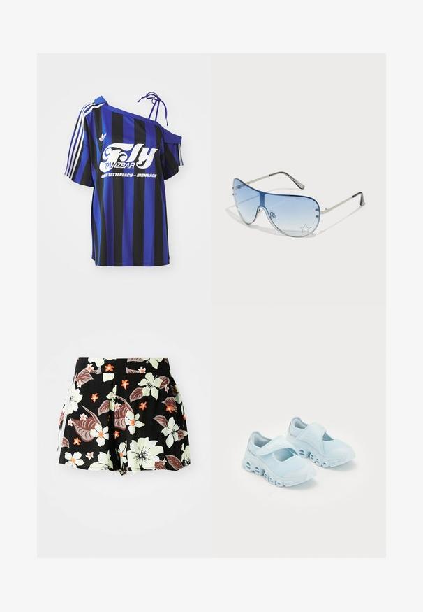 Plava i crna prugasta oversized košulja s jednim otvorenim ramenom, koja sadrži bijeli otisak teksta i tri bijele pruge na rukavu.; Crne cvjetne kratke hlače s velikim svijetlo zelenim i narančastim cvjetovima te tamnim lišćem, naboranom dizajnom i džepovima sa strane.; Svijetloplave tenisice s mrežastom tkaninom, istaknutim prorezima u potplatu i čičak trakom preko vrha za sigurno prianjanje.; Naočale tipa avijatičar s gradijentnim plavim staklima, okvirom od srebrnog metala i dekorativnim zvjezdastim naglascima na staklima. Glatki i elegantni dizajn.
