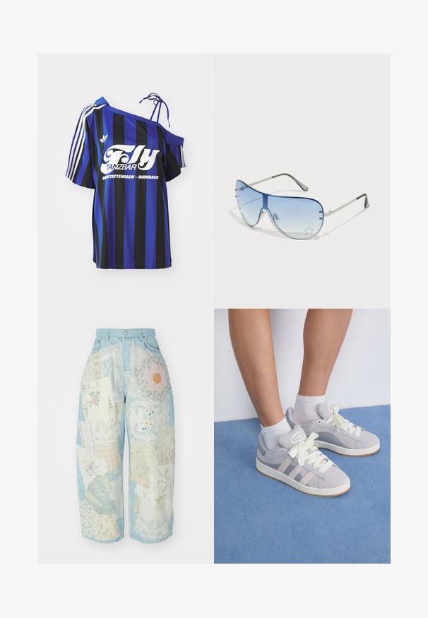 Mėlynos ir juodos juostelės per didelis marškinis su viena peties iškirpte, ant kurios yra baltas užrašas ir trys baltos juostelės ant rankovės.; Džinsiniai kelnių, kurių dizainas remiasi įvairių audinių pluoštu, šviesiai mėlynos, baltos ir pastelinių spalvų, demonstruojančių nėrinių ir gėlių raštus.; Pilki zomšiniai sportbačiai su baltais raišteliais ir guminiais padais, puikuojantys trimis įstrižainėmis juostelėmis šone ir logotipo etikete ant liežuvio.; Aviatoriai akiniai su gradientiniais mėlynais objektyvais, sidabriniu metaliniu rėmu ir dekoratyvinėmis žvaigždžių akcentais ant objektyvų. Lygaus ir stilingo dizaino.