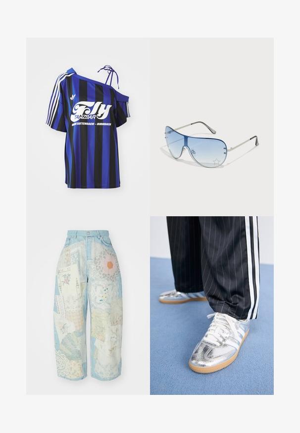 Kék és fekete csíkos, oversized ing, egy vállról lelógó dizájnnal, fehér nyomtatott szöveggel és három fehér csíkkal az ujján.; Farmernadrág, amely foltvarrással készült különböző szövetekből világoskék, fehér és pasztell színekben, csipke és virágminták bemutatásával.; Fémes ezüst színű sneaker cipők fehér fűzőkkel és három fehér csíkkal, fekete csíkozott nadrággal párosítva. Az alján gumi talp kiemelés.; Pilóta napszemüveg, melynek áttetsző kék lencséje, ezüst fém kerete és díszes csillag díszítések találhatók a lencsén. Simogató és elegáns dizájn.