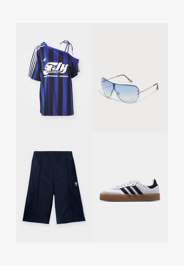Kék és fekete csíkos, oversized ing, egy vállról lelógó dizájnnal, fehér nyomtatott szöveggel és három fehér csíkkal az ujján.; Sötétkék sportnadrág elasztikus derékkal és oldalsó zsebekkel, a bal alsó lábszáron pedig fehér Adidas logó található.; Fehér bőr sportcipők fekete csíkokkal, gumiabroncsos talppal, kerek orral, fűzős záródással és puha szürke velúr orrésszel.; Pilóta napszemüveg, melynek áttetsző kék lencséje, ezüst fém kerete és díszes csillag díszítések találhatók a lencsén. Simogató és elegáns dizájn.