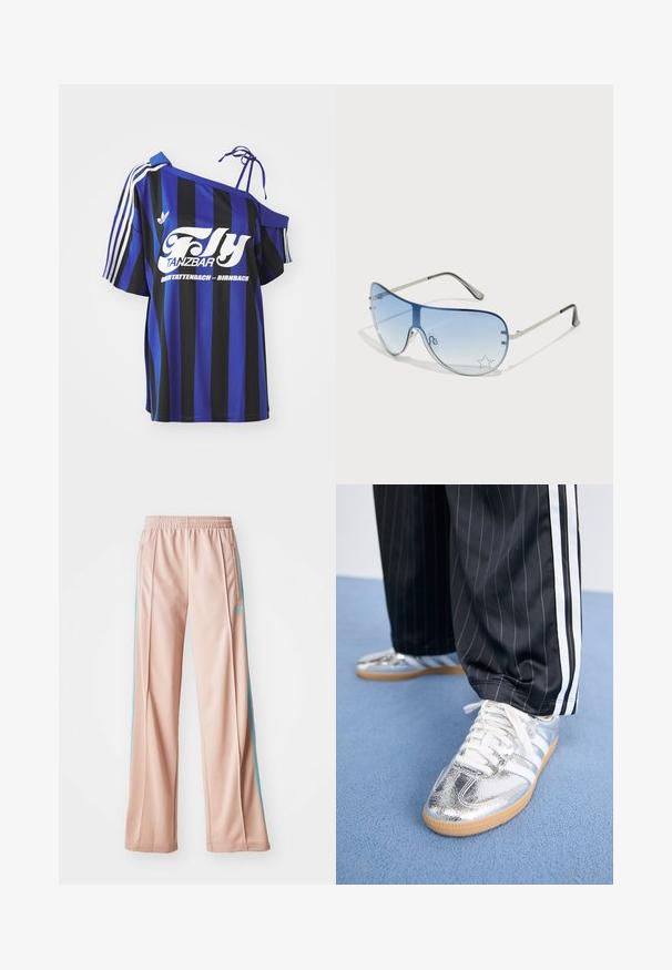 Blå och svart randig oversized skjorta med en off-shoulder design, prydd med vit tryckt text och tre vita ränder på ärmen.; Ljusrosa träningsbyxor med avslappnad passform, som har blå sidostråkar och dragsko i midjan. Tillverkade av ett mjukt, lätt tyg.; Metalliska silver sneakers med vita snören och tre vita ränder, i kombination med svarta randiga byxor. Klibbig sula som accent vid botten.; Pilotglasögon med gradientblå linser, silverfärgad metallram och dekorativa stjärnaccenter på linserna. Snygg och elegant design.