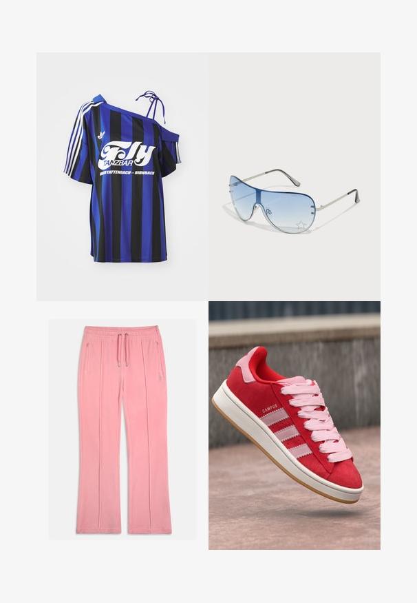 Μπλε και μαύρη ριγωτή oversized μπλούζα με ένα σχέδιο εκτεθειμένου ώμου, που διαθέτει λευκό εκτυπωμένο κείμενο και τρεις λευκές ρίγες στην μανσέτα.; Ροζ βελουτέ φόρμες με ελαστική μέση, κορδόνι, δύο μπροστινές τσέπες και ραφές κατά μήκος των ποδιών.; Κόκκινο σουέτ αθλητικό παπούτσι με ροζ λεπτομέρειες, διακοσμημένο με τρεις λευκές ρίγες και ανοιχτό ροζ κορδόνια. Λευκή ενδιάμεση σόλα και σόλα από καουτσούκ χρώματος καραμέλας.; Γυαλιά ηλίου aviator με γκριδενά μπλε φακούς, ασημένιο μεταλλικό σκελετό και διακοσμητικά αστέρια στους φακούς. Λείος και κομψός σχεδιασμός.