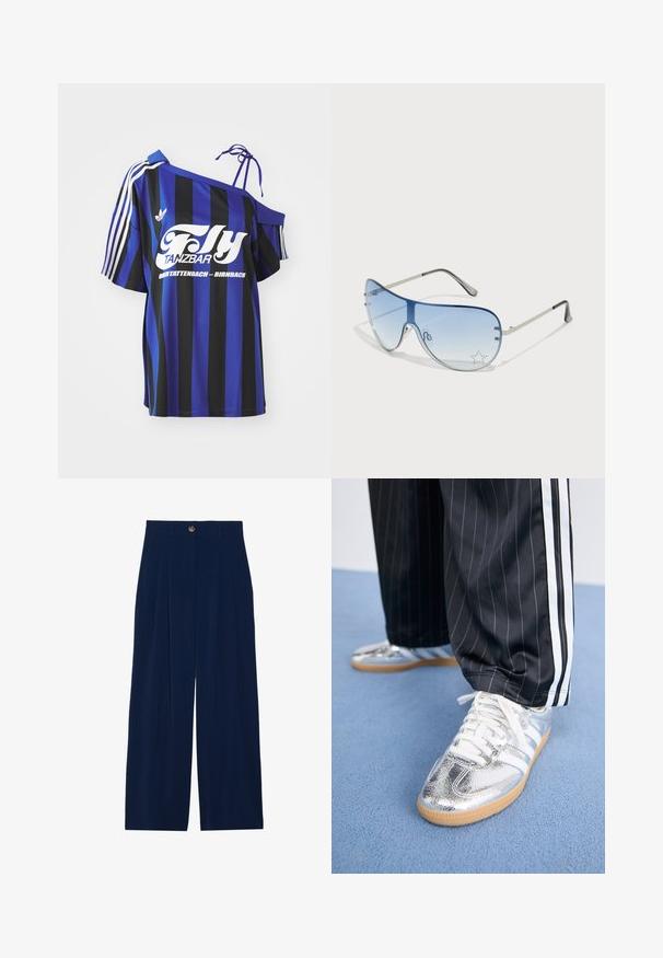 Blauw- en zwartgestreept oversized shirt met één schouderontwerp, voorzien van witte bedrukte tekst en drie witte strepen op de mouw.; Navyblauwe broek met wijde pijpen van zachte stof, voorzien van voorplooien, een knoopsluiting en twee zijzakken.; Metalen zilveren sneakers met witte veters en drie witte strepen, gecombineerd met zwarte streepd pants. Gumaansluiting accent aan de onderkant.; Aviator zonnebril met een gradient blauwe lens, zilveren metalen frame en decoratieve sterrenaccenten op de lens. Glad en strak ontwerp.
