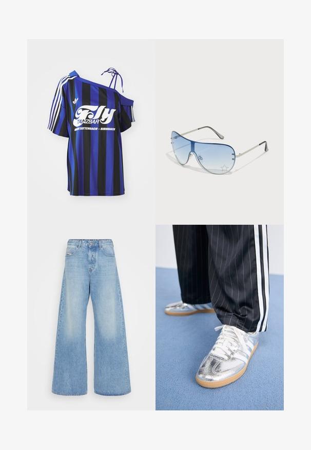 Blue and black striped oversized shirt with one off-shoulder design, featuring white printed text and three white stripes on the sleeve.; Light blue wide-leg jeans made of denim. Features a classic five-pocket design, button closure, and faded areas for a vintage look.; Metallic silver sneakers with white laces and three white stripes, paired with black pinstriped pants. Gum sole accent at the bottom.; Aviator sunglasses featuring a gradient blue lens, silver metal frame, and decorative star accents on the lens. Smooth and sleek design.