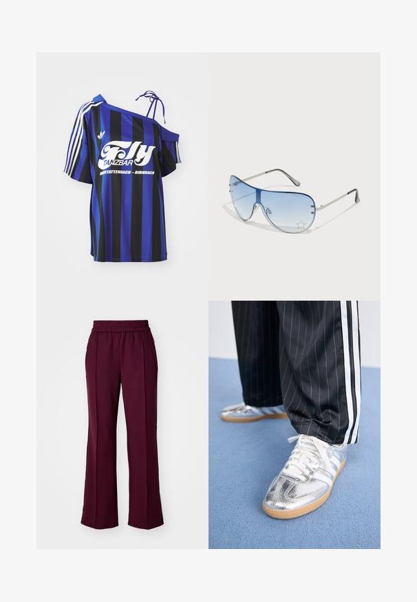 Blauw- en zwartgestreept oversized shirt met één schouderontwerp, voorzien van witte bedrukte tekst en drie witte strepen op de mouw.; Bordeaux-wijde broek met een elastische tailleband, zijzakken en contrasterende zwarte zijstrepen. Glad stof met een lichte glans.; Metalen zilveren sneakers met witte veters en drie witte strepen, gecombineerd met zwarte streepd pants. Gumaansluiting accent aan de onderkant.; Aviator zonnebril met een gradient blauwe lens, zilveren metalen frame en decoratieve sterrenaccenten op de lens. Glad en strak ontwerp.