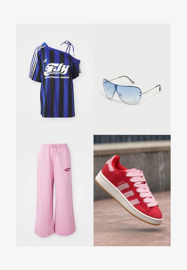 Zila un melna svītrota pārāk liela krekla ar vienu plecu atklāšanu, ar baltu drukātu tekstu un trim baltām svītrām uz piedurknes.; Gaiši rozā treniņbikses, izgatavotas no mīksta auduma, ar platām kājām, elastīgu jostu ar auklu un izšūtu logotipa detaļu.; Sarkanie zamšas sporta apavi ar rozā akcentiem, tiem ir trīs baltas svītras un gaiši rozā auklas. Balta starpsole un gumijas zole.; Pilotstila saulesbrilles ar gradienta zilām lēcām, sudraba metāla rāmjiem un dekoratīvām zvaigžņu akcentiem uz lēcām. Gluda un eleganta dizaina.