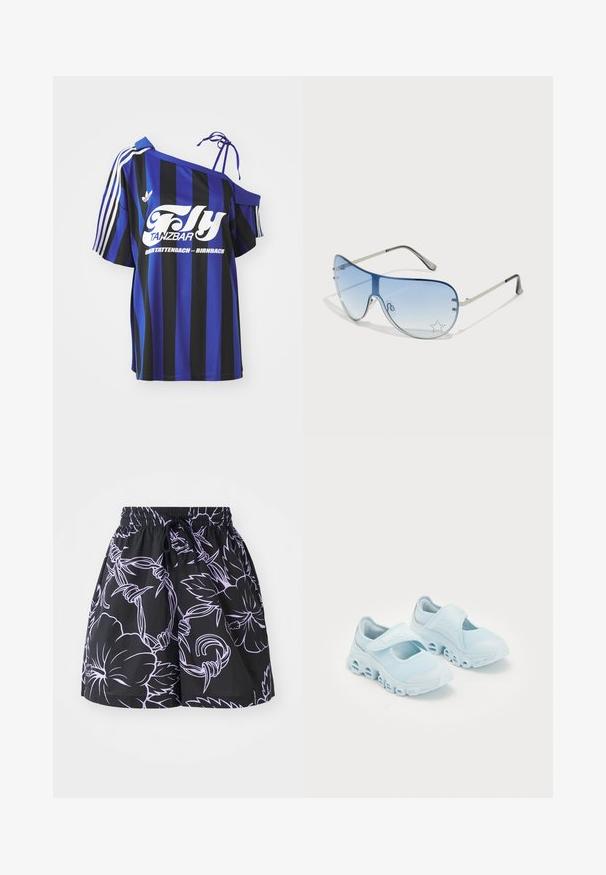 Niebieska i czarna, w paski oversize'owa koszula z jednym odkrytym ramieniem, z białym nadrukowanym tekstem i trzema białymi paskami na rękawie.; Czarne szorty z wiązanym pasem, zdobione kontrastowymi, jasnopurpurowymi wzorami kwiatowymi i liści na jednolitym tle.; Jasnoniebieskie sneakersy z siateczkowego materiału, z wyraźnymi wycięciami w podeszwie oraz rzepem na górze dla pewnego dopasowania.; Okulary przeciwsłoneczne typu aviator z gradientowymi niebieskimi szkłami, srebrną metalową oprawą oraz dekoracyjnymi akcentami w kształcie gwiazdek na soczewkach. Gładki i elegancki design.