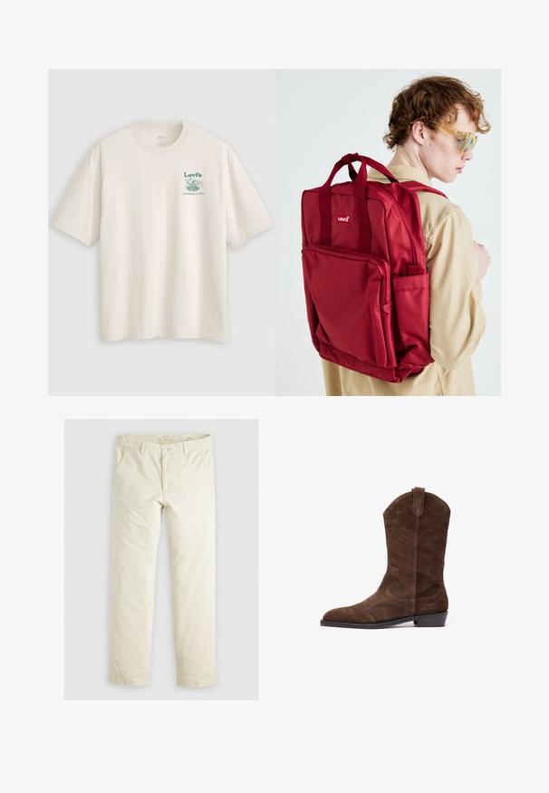 Hvit bomulls-T-skjorte med korte ermer, med en grønn Lev's-logo og tekst på venstre bryst. Avslappet passform, glatt tekstur.; Lys beige løse bukser med tre lommer, beltestropper og rett ben-design. Laget av et mykt bomullsblandingsstoff.; Brune mockasin cowboy-støvler med spiss tå, preget sømdetaljer og lav stabelhælt. Har sideløkker for enkel påføring.; Rød nylon ryggsekk med doble topphåndtak, frontlomme med glidelås og mesh-lomme på siden. Har et logo og en glatt, holdbar tekstur.