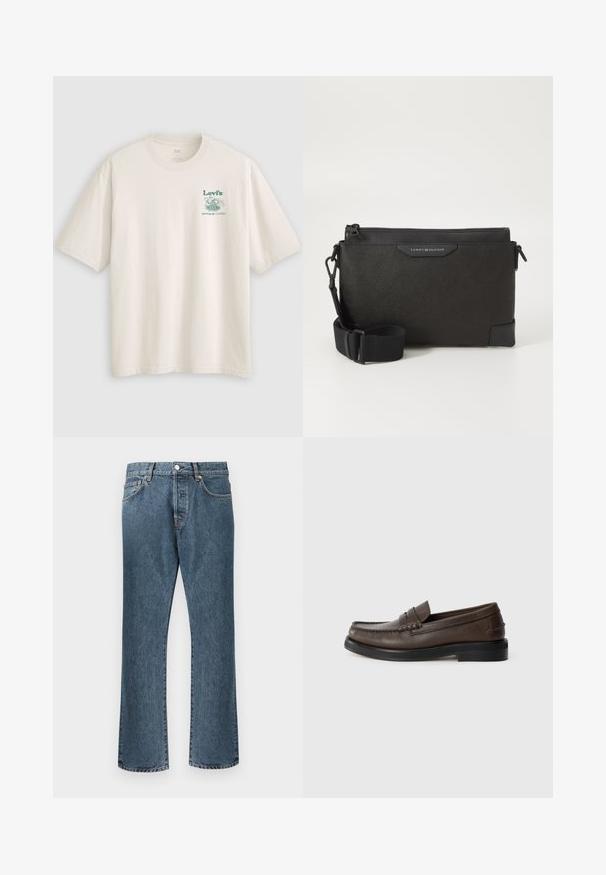 Bílé bavlněné tričko s krátkými rukávy, na levé straně hrudi se zeleným logem a nápisem Lev's. Volný střih, hladká textura.; Modré džíny z denimu se rovnými nohavicemi, klasickým zapínáním na knoflík a zip, pěti kapsami a jemným vyblednutím.; Hnědé kožené mokasíny s kulatou špičkou, s detailním prošíváním a plochou černou podrážkou. Mají malou ozdobnou sponu přes nárt.; Černá kožená crossbody taška s texturovaným povrchem, s uzávěrem na zip a nastavitelného popruhu. Na přední straně je logo. Obdélníkový tvar.