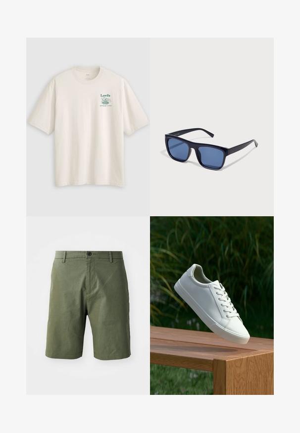 Valge puuvillane lühikeste varrukatega t-särk, millel on vasakul rinnal roheline Lev'i logo ja tekst. Lõdvestunud istuvus, sile tekstuur.; Õlivärvi lühikesed püksid, mis on valmistatud kerge kangaga, tasase esiosa, vöölõhikute ja ühe nööbiga kinnitusega vööl.; Valged nööpidega ketsid, mis hõljuvad puidust pingil rohelise lehestiku taustal, näidates uue disaini ja tekstuuri.; Mustad must plastikprillid, millel on ristkülikukujulised raamid, sinise tooniga läätsed ja kitsad käed, millel on läikiv viimistlus.