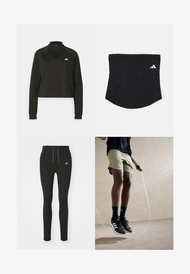 Černý pulovr na čtvrt zip vyrobený z hladkého materiálu, s dlouhými rukávy, vysokým límcem a bílým logem na levé hrudi.; Černé sportovní legíny s vysokým pasem, zdobené stylovými šňůrkami a decentním logem na boku. Hladký, pružný materiál.; Černé sportovní boty s bílými pruhy, olivově zelené šortky a námořnické ponožky. V rukou jedince je švihadlo. Neutrální pozadí.; Černý sportovní potítko s hladkým povrchem, zakřiveným tvarem a elastickou horní částí. Obsahuje malé bílé logo Adidas na boku.