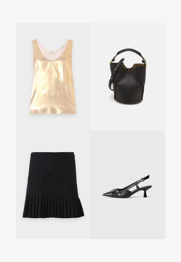 Metallik kuldne ilma varrukateta särk sügava ümmarguse kaelusega. Sile tekstuur, sobiv disain ja pehme vooder.; Mustmustritsiga must seeliku, millel on õmblusteta diagonaalsed paneelid, keha lähedal ja paisuv alus. Materjalid näivad kerge ja siledana.; Must must have must toote tõmblukuga, dekoratiivsed rihmad metallist silmadega ja madal blokk-kand. Tekstureeritud pind.; Mustast nahkämbriga kott tekstuurses viimistluses, kuldsete metalldetailide aktsentidega ja avatud ülaosaga. Omab lühikest käepidet ja reguleeritavat õlavarre rihma.