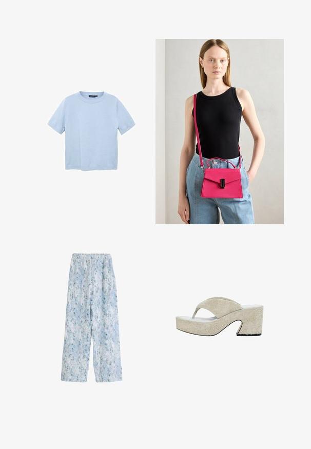 Himmelblaues T-Shirt mit kurzen Ärmeln, aus weichem Material, mit rundem Ausschnitt und geradem Saum. Glatte Textur mit minimalen Details.; Hellblaue, gemusterte, weite Hose mit elastischem Bund, die ein florales Design und vertikale Linien aufweist und aus einem weichen Stoff gefertigt ist.; Beige Plattform-Sandalen mit einem strukturierten, weichen Obermaterial, offener Zehenpartie und einem geschwungenen Absatz. Sie verfügen über ein minimalistisches Design mit einer dicken Sohle.; Rosa strukturierte Handtasche mit Klappenverschluss und schwarzen Akzenten. Als Umhängetasche mit langem Tragegurt getragen. Glatte Textur.