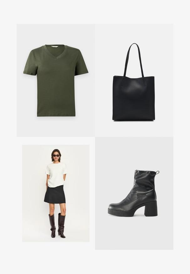 Oliven grøn V-hals t-shirt med korte ærmer, lavet af blødt bomuldsstof, med en glat overflade og lige kant.; Hvid kortærmet top parret med en sort flagrende mini-nederdel og glinsende mørkebrune knæhøje støvler. Sættet har rene linjer og teksturer.; Sorte ankelstøvler lavet af glat læder, med en sidelukning, kraftig struktureret hæl og rundt tådesign.; Sort læder tote taske med glat tekstur, rektangulær form og to lange hanke. Ingen synlig hardware eller udsmykninger.