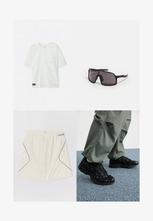 Rövid ujjú, világoszöld pamut póló. Mellzsebbel és egy kis logóval a zseb közelében. Puha tapintású, laza stílusú.; Világos bézs edzőnadrág, rugalmas derékkal, szürke díszítéssel és mintás designnal ellátott oldalzsebekkel. Lélegző anyagból készült.; Fekete sportcipők fényes és hálós textúrával, vastag talppal és fűzővel, laza olívazöld cargo nadrággal párosítva.; Fekete téglalap alakú napszemüveg sötét lencsékkel, széles kerettel és karcsú fekete szárakkal. A templikon logó található. Simább textúra.