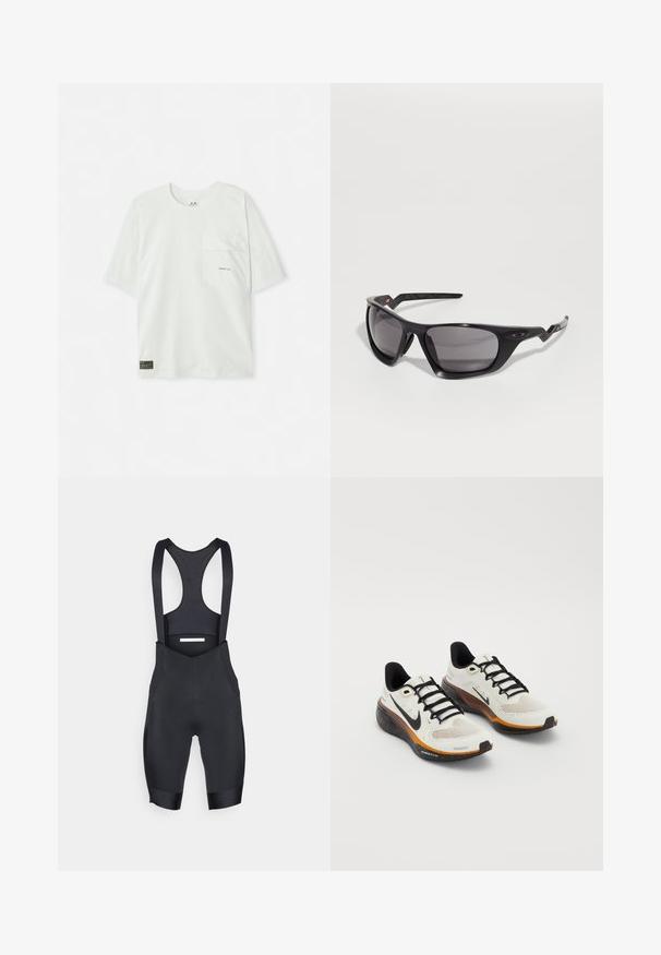 Kurzärmliges, hellgrünes T-Shirt aus Baumwolle. Verfügt über eine Brusttasche und ein kleines Logo in der Nähe der Tasche. Weicher Stoff, lässiges Design.; Schwarze Radsport-Bibshorts aus dehnbarem Stoff, mit verstellbaren Trägern, einem Netzrücken und einem gepolsterten Sitz für zusätzlichen Komfort.; Nike-Laufschuhe mit einem weißen Mesh-Obermaterial, schwarzen Schnürsenkeln, einer orange-schwarzen Sohle mit gesprenkeltem Design und atmungsaktiver Konstruktion.; Schwarze Sonnenbrille mit modernem Design, grau getönten Gläsern, breiten Fassungen und strukturierten schwarzen Bügeln mit einem Logodetail.