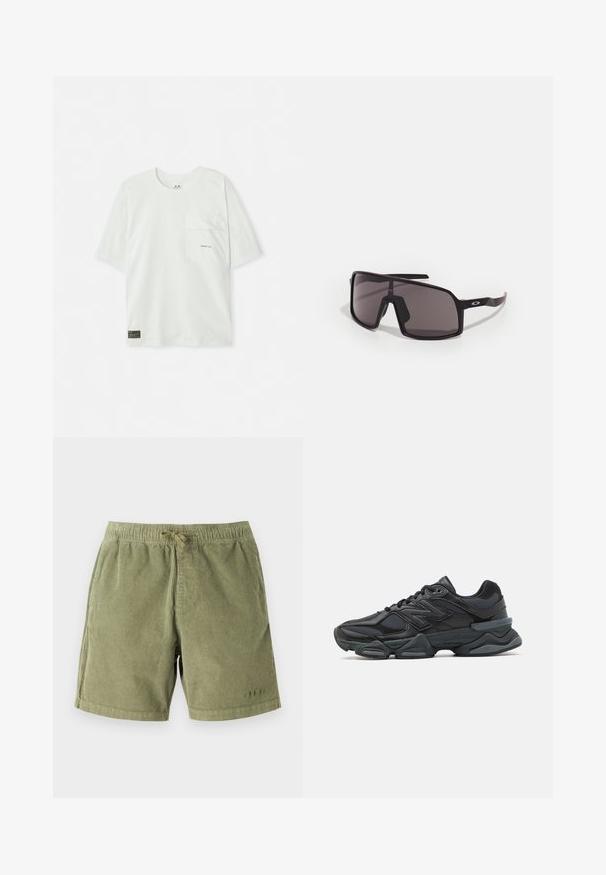 Camiseta de manga corta, de color verde claro, hecha de algodón. Presenta un bolsillo en el pecho y un pequeño logo cerca del bolsillo. Textura suave, diseño casual.; Pantalones cortos de corduroy verde claro con cintura elástica y cordón. Presenta bolsillos laterales y detalles de costura sutiles.; Zapatilla de running negra que presenta una combinación de malla y materiales sintéticos, suela gruesa, diseño curvado y una marca prominente en el costado.; Gafas de sol rectangulares negras con lentes oscuros, montura ancha y varillas negras y delgadas. Presenta un logo en las patillas. Textura suave.