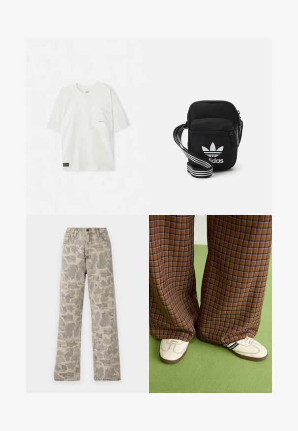 Short-sleeved, light green t-shirt made of cotton. Features a chest pocket and a small logo near the pocket. Soft texture, casual design.; Carhartt WIP LANDON PANT - Straight leg jeans - grey/black; Brown and blue plaid wide-leg trousers paired with white shoes featuring black accents and textured soles, set against a green background.; Black fabric crossbody bag with a zipper closure, featuring a white Adidas logo and a striped adjustable strap for easy carrying.
