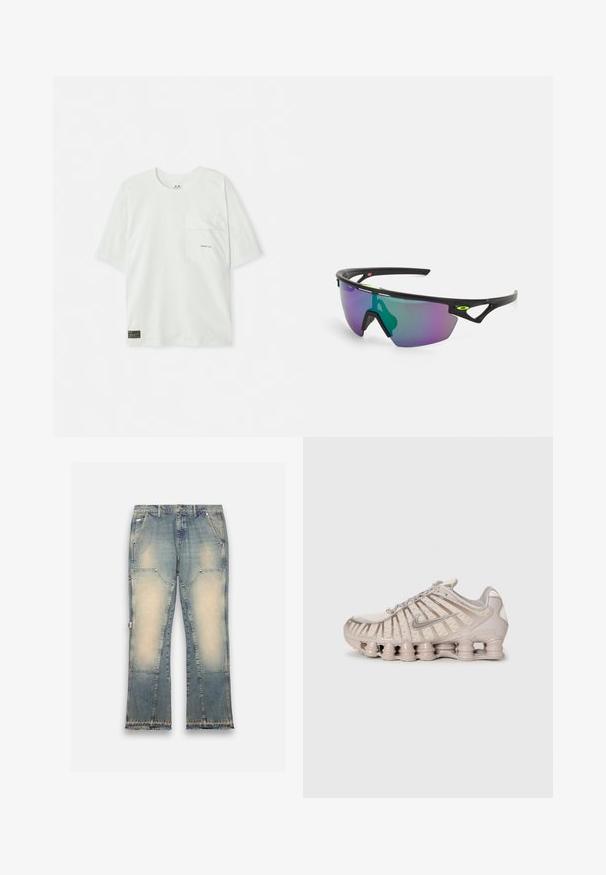 Short-sleeved, light green t-shirt made of cotton. Features a chest pocket and a small logo near the pocket. Soft texture, casual design.; Light blue denim jeans with a faded design, wide legs, five pockets, and frayed hems. Features contrasting patches for added texture.; Light beige athletic shoe with a mesh upper, structured design, and a distinctive cushioned sole featuring cylindrical sections.; Sport sunglasses with a black frame, large gradient lens featuring purple and green hues, and angular design accents with logo detail.