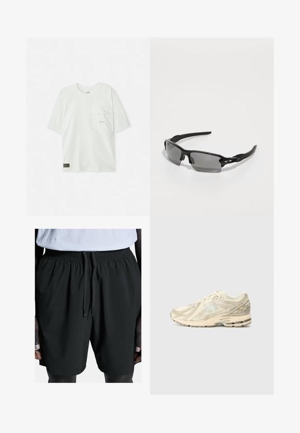 T-shirt a maniche corte, di colore verde chiaro, realizzato in cotone. Caratterizzato da una tasca sul petto e un piccolo logo vicino alla tasca. Texture morbida, design informale.; Pantaloni sportivi neri con vita elastica e cordino. Presentano una texture liscia e tasche laterali, progettati per comfort e mobilità.; Sneaker sportivo beige con tomaia in rete, accenti minimi, suola texturizzata e un discreto logo 'N' sul lato. Design leggero per il comfort.; Occhiali da sole sportivi neri con lenti grigie, design del telaio curvo e dettaglio con logo sul lato. Realizzati in materiale plastico leggero.