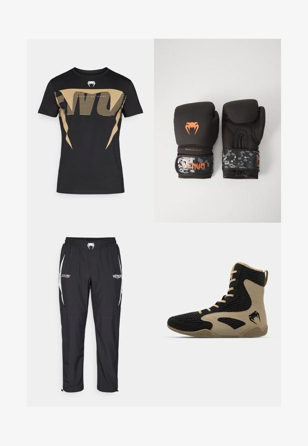 Fekete pamut póló, amelyen nagy, merész arany grafikával, csíkokkal és egy kobralogóval díszített a mellkas. Klasszikus kerek nyakú stílus.; Fekete sportnadrág, könnyű anyagból, fehér díszítéssel, rugalmas derékkal és oldalsó zsebekkel. Logók láthatók rajta.; Felsőrészes sportcipő fekete hálós külsővel, bézs dzsungelrészletekkel. Texturált gumitalp és logó részlet az oldalon.; Fekete bokszkesztyűk matt felülettel és ergonómikus kialakítással. Narancssárga logó részletek és álcázó mintázatú csuklóhevederek.