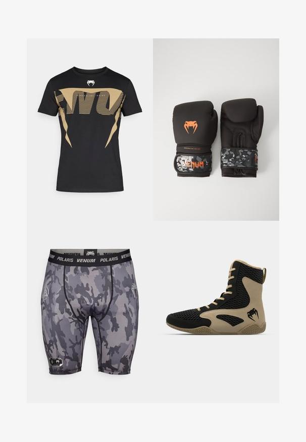 Mustast puuvillast t-särk, millel on suur ja silmapaistev kuldne graafiline muster triipude ja kobra logoga rinnal. Klassikalise ümarate kaelusega stiil.; Hallid kamuflaažkompressioonpüksid musta vöökohaga, millel on tekst "Venum Polaris". Sile tekstuur, tugevdatud õmblused ja logoga detail.; Korkeatoimelise spordijalanõud musta võrkmaterjaliga, millel on beežid accentsid. Tekstureeritud kummist tallad ja logodetail küljepeal.; Mustavad krossimise kinnased, millel on mati viimistlusega ja ergonoomiline disain. Oranž logo detail ja kamuflaažimuster randmetrasside peal.