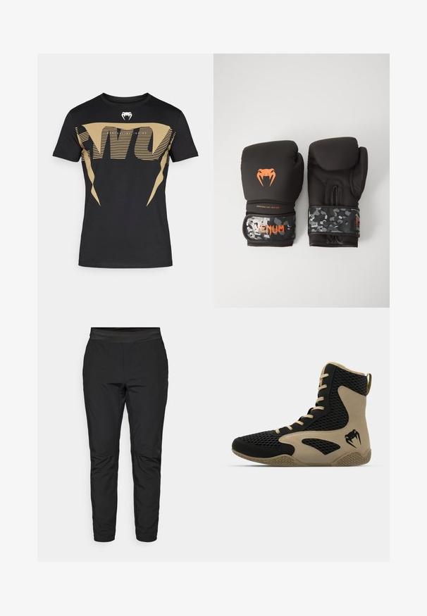 Black cotton t-shirt featuring a large, bold golden graphic design with stripes and a cobra logo on the chest. Classic crew neck style.; Black stretch pants with a fitted design, elastic waistband, and zippered pockets. Smooth texture with a slightly shiny finish.; High-top athletic shoe featuring a black mesh exterior with beige accents. Textured rubber sole and logo detail on the side.; Black boxing gloves with a matte finish and ergonomic design. Orange logo detailing and camouflage-patterned wrist straps.