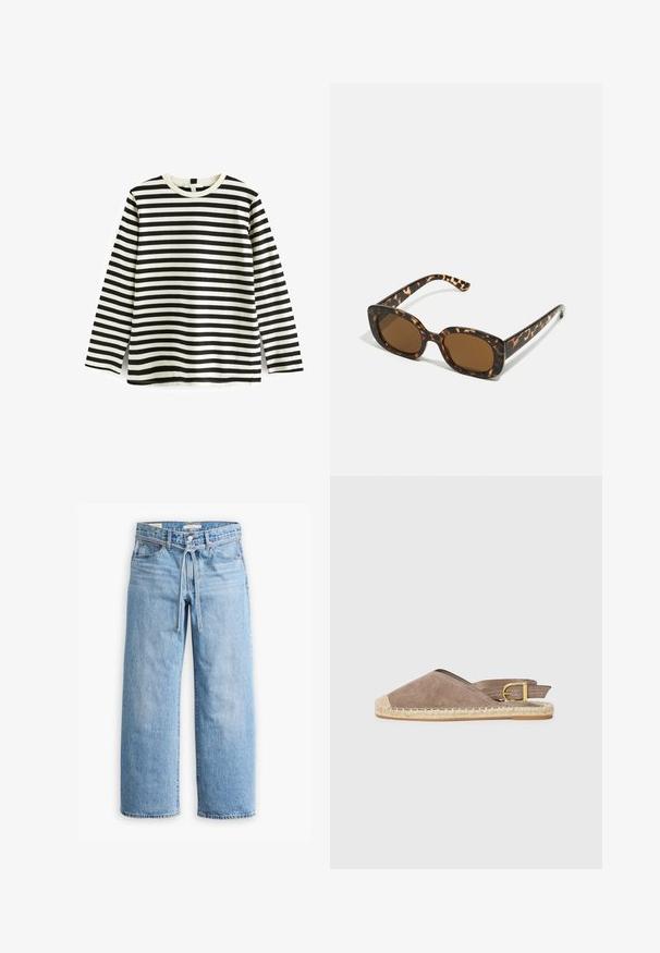 Katoenen T-shirt met lange mouwen, zwart-witte horizontale strepen, ronde hals en zachte textuur. Geen zichtbare hardware of accenten.; Lichtblauwe denim wijde broek met een hoge taille, knoop- en ritssluiting, en een trekkoorddetail in de taille. Afgeronde zoomafwerking.; Suede espadrille sandaal in taupe, open-back ontwerp, jute zool, platte hak, met verstelbare gespaccent, voorzien van contrasterende beige neuskap.; Tortoiseshell zonnebril met een ronde, stevige montuur en bruine lenzen. Heeft subtiele patronen en rechte, taps toelopende veren.