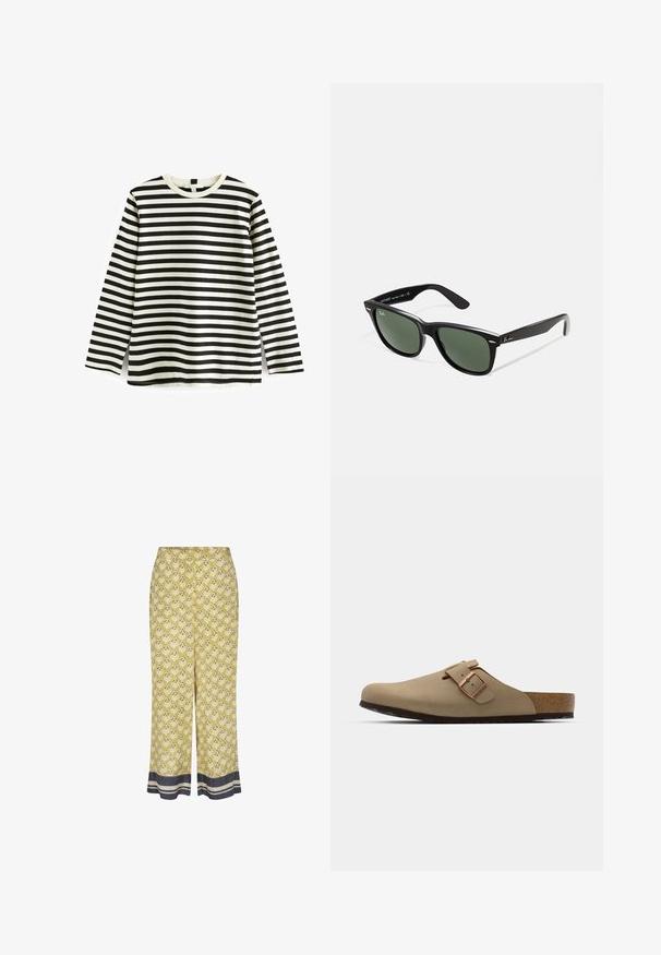 Długą koszulka z bawełny z czarno-białymi poziomymi paskami, okrągłym dekoltem i miękką teksturą. Brak widocznych elementów metalowych lub akcentów.; Spodnie w żółty wzór z elastycznym pasem, z kwiatowym wzorem w bieli i granacie oraz ciemnym, prążkowanym wykończeniem.; Beżowe klapki z zaokrąglonym noskiem, regulowanym zapięciem i korkową wkładką. Teksturowana powierzchnia z czarną gumową podeszwą dla lepszej przyczepności.; Czarne plastikowe okulary przeciwsłoneczne z zielonymi szkłami, kwadratowe oprawki, srebrny akcent na brwi oraz fakturowane ramiona temple. Nazwa marki podana na wewnętrznej stronie ramion.