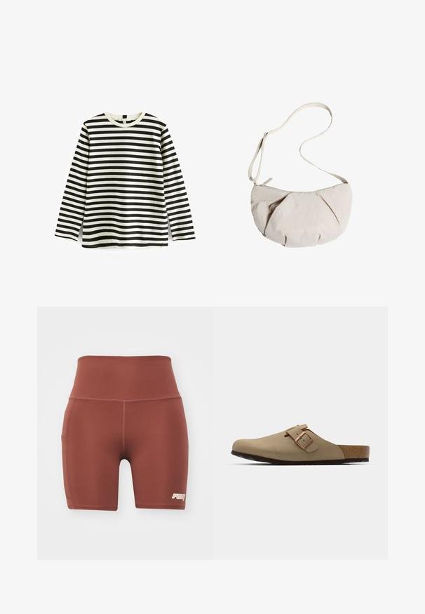 Tricou din bumbac cu mânecă lungă, cu dungi orizontale alb-negru, guler rotund și textură moale. Fără hardware sau accente vizibile.; Pantaloni scurți atletici ajustați, de culoare maro, cu un talie înaltă, realizați dintr-un material neted. Au o buzunar lateral și un logo mic în colțul din dreapta jos.; Saboți bej cu vârf rotund, accent cu cataramă ajustabilă și talpă din plută. Suprafață texturată cu o talpă din cauciuc negru pentru aderență.; Geantă de umăr din material bej deschis, cu un design plisat, curea ajustabilă și închidere cu fermoar. Textură moale, formă rotundă, stil minimalist.
