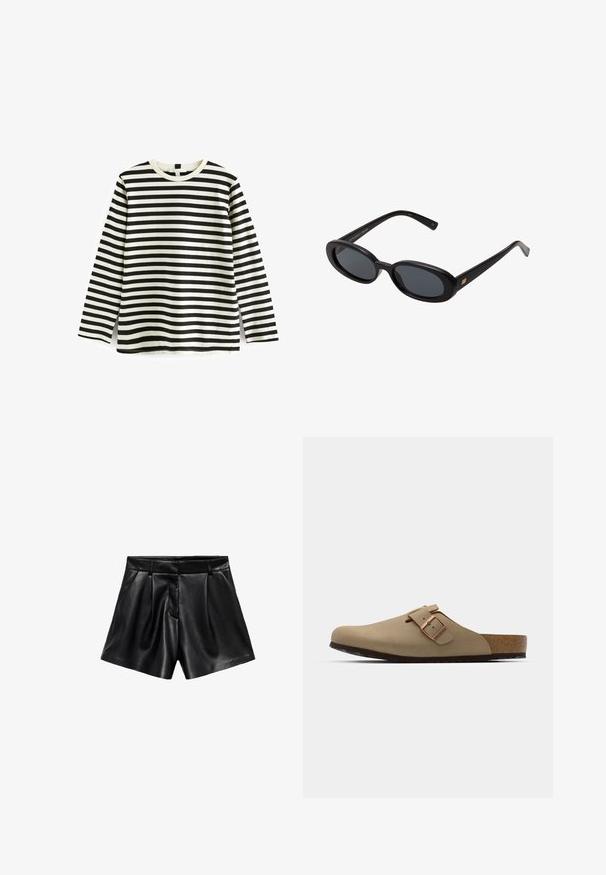 T-shirt in cotone a maniche lunghe con righe orizzontali bianche e nere, colletto rotondo e texture morbida. Nessun hardware o accessori visibili.; Pantaloni corti in pelle nera con vita alta, pieghe davanti e tasche laterali. Texture liscia con finitura lucida.; Zoccoli beige con punta arrotondata, accentati da una fibbia regolabile e con tappetino in sughero. Superficie texturizzata con suola in gomma nera per una migliore aderenza.; Occhiali da sole neri oversize con lenti ovali, montatura in plastica liscia e accenti dorati sulle tempie. Le lenti scure offrono protezione dal sole.