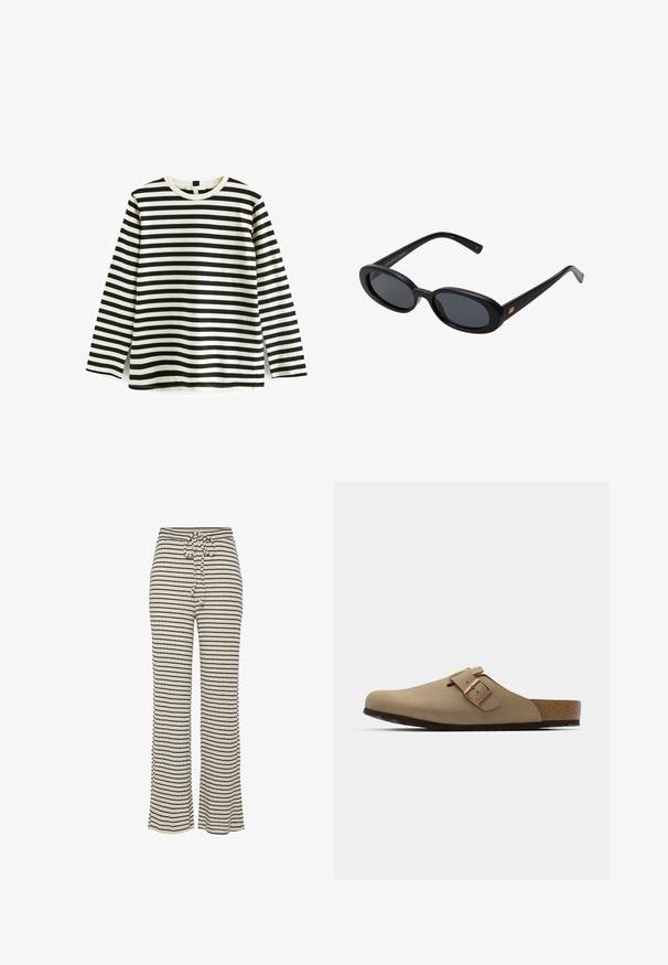 Dlouhý rukáv bavlněné tričko s vodorovnými černobílými pruhy, kulatý výstřih a jemná textura. Bez viditelného kovového doplňku nebo akcentů.; Pruhované, široké kalhoty v krémové a černé barvě. Měkká, texturovaná látka s nastavitelným pasem na šňůrku a volným střihem.; Bežové dřeváky s kulatou špičkou, nastavitelným sponovým detailem a korkovou stélkou. Texturovaný povrch s černou gumovou podrážkou pro lepší přilnavost.; Černé oversized sluneční brýle s oválnými čočkami, hladkým plastovým rámem a zlatými akcenty na spáncích. Tmavé čočky poskytují ochranu před sluncem.