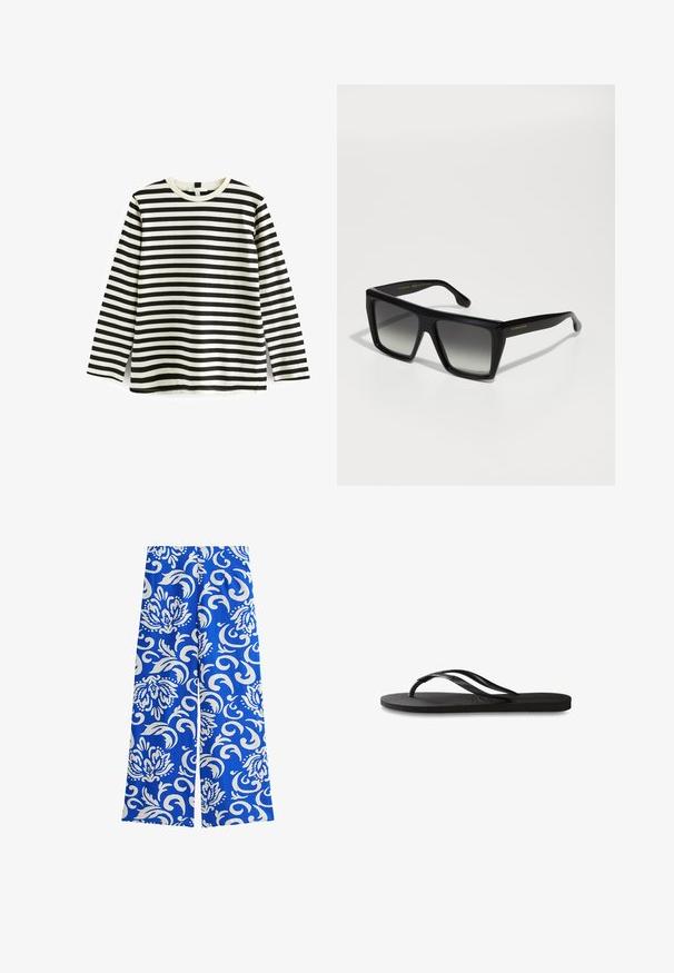Long-sleeve cotton t-shirt with black and white horizontal stripes, round neck, and soft texture. No visible hardware or accents.; Blue wide-leg pants featuring a floral and swirl white pattern, made of lightweight fabric with a smooth texture and a loose fit.; Black flip-flop featuring a textured rubber sole, two slender straps, and a subtle, embossed logo detail on the strap.; Black oversized square sunglasses with gradient lenses, thick frames, and gold branding on the temple. Smooth plastic material.; Blue and white striped knitted bag with a spacious design, featuring a wide handle and a textured, open weave. Includes a brand label.