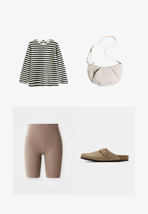Długą koszulka z bawełny z czarno-białymi poziomymi paskami, okrągłym dekoltem i miękką teksturą. Brak widocznych elementów metalowych lub akcentów.; Brązowe, wysokie szorty z gładkiego, elastycznego materiału. Posiadają bezszwowy krój z czystymi liniami i bez widocznych akcentów metalowych.; Beżowe klapki z zaokrąglonym noskiem, regulowanym zapięciem i korkową wkładką. Teksturowana powierzchnia z czarną gumową podeszwą dla lepszej przyczepności.; Jasno beżowa torba listonoszka z plisowanym wzorem, regulowanym paskiem i zamkiem błyskawicznym. Miękka tekstura, zaokrąglony kształt, minimalistyczny styl.